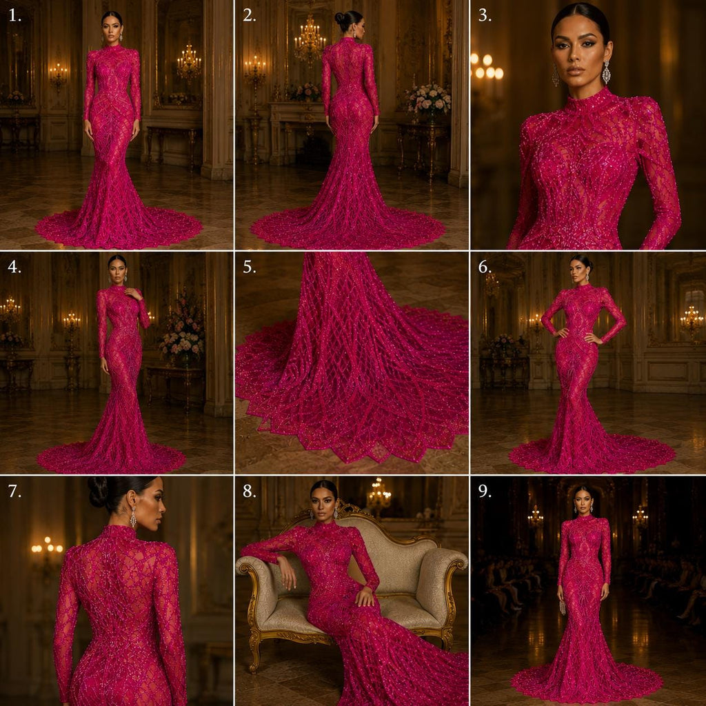 Neon Fuchsia - Marvelous Mermaid Luxury Shiny Sequin 4-Way Stretch Mesh Fabric – Prom & Evening Dress Material By The Yard.