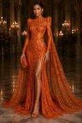 Orange - Marvelous Mermaid Luxury Shiny Sequin 4-Way Stretch Mesh Fabric – Prom & Evening Dress Material By The Yard.