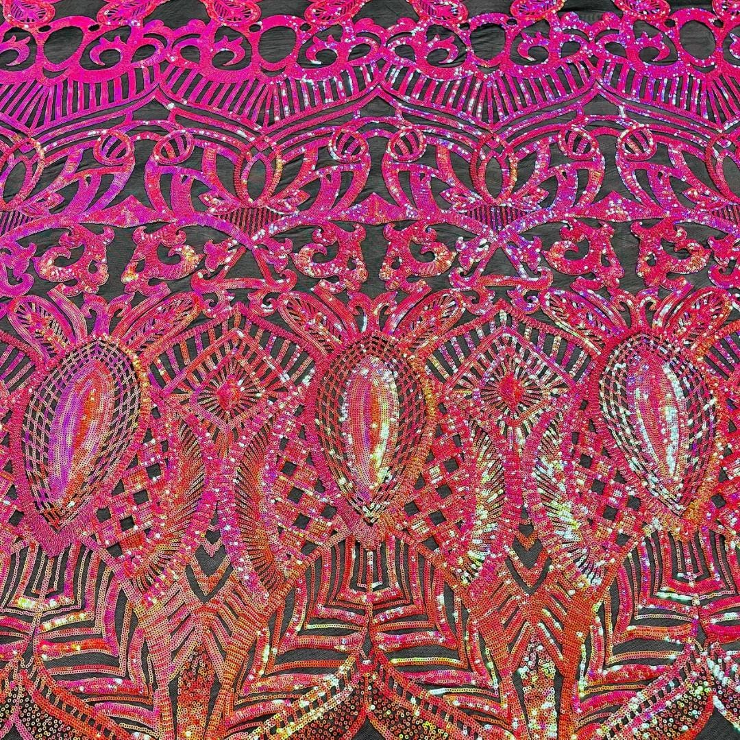 Fuchsia/Gold/Black - Marvelous Mermaid Luxury Shiny Sequin 4-Way Stretch Mesh Fabric – Prom & Evening Dress Material By The Yard.