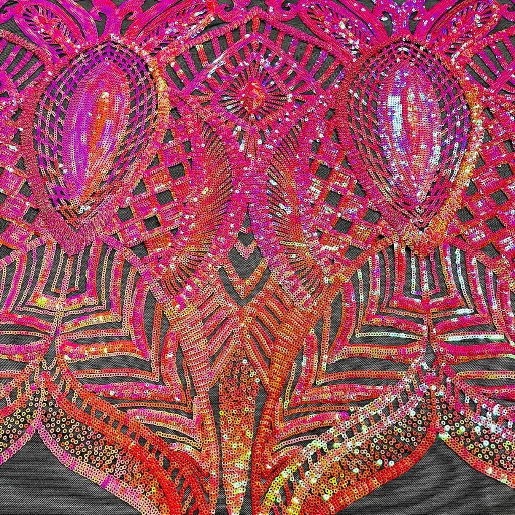 Fuchsia/Gold/Black - Marvelous Mermaid Luxury Shiny Sequin 4-Way Stretch Mesh Fabric – Prom & Evening Dress Material By The Yard.