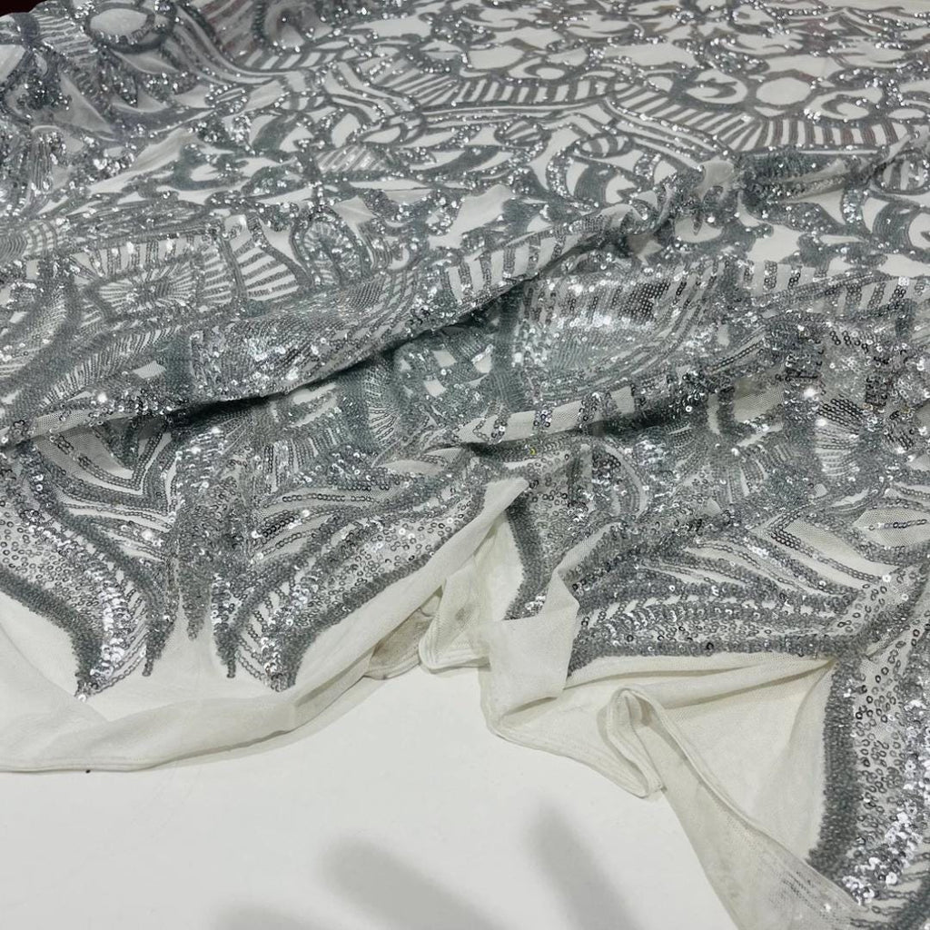Silver - Marvelous Mermaid Luxury Shiny Sequin 4-Way Stretch Mesh Fabric – Prom & Evening Dress Material By The Yard.