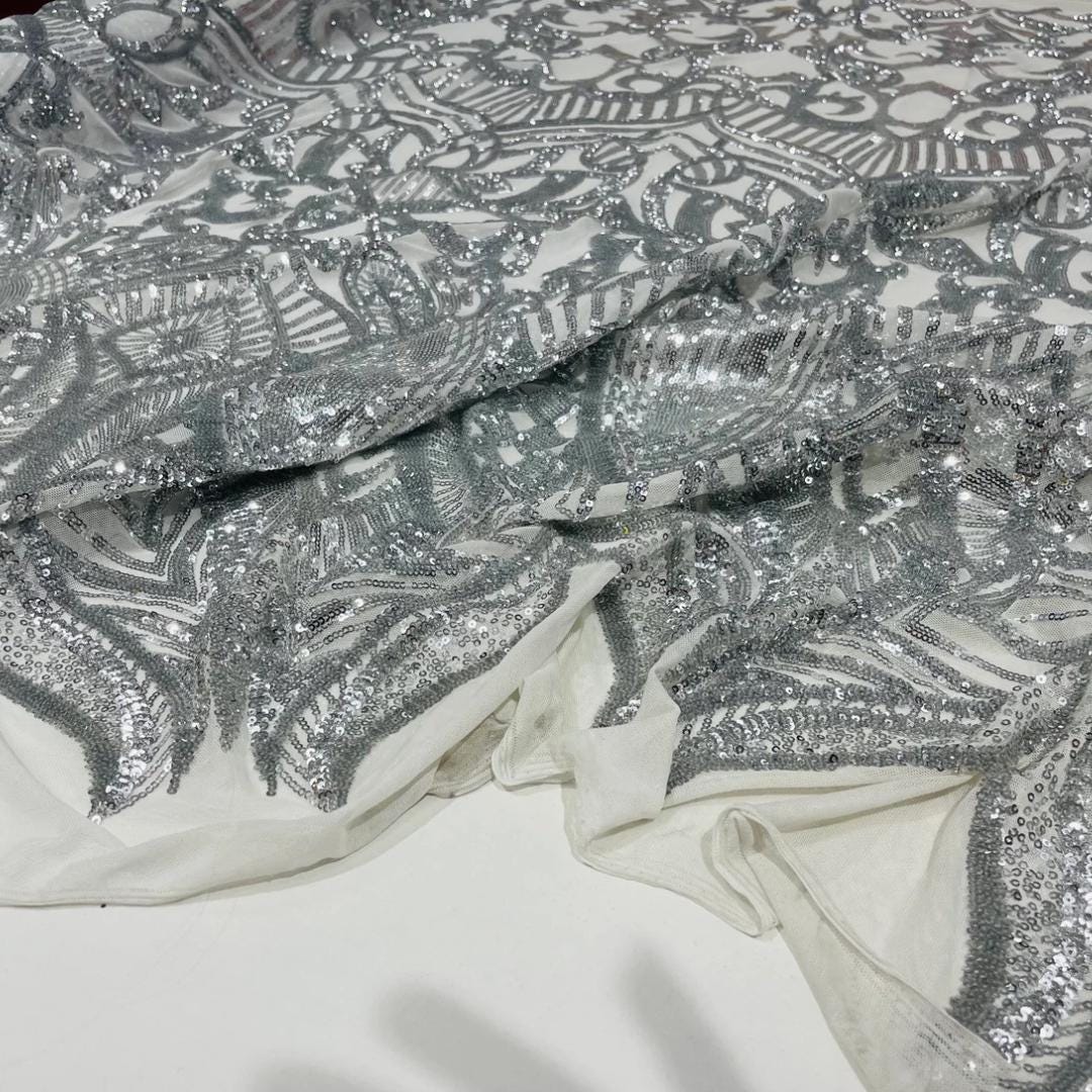 Silver - Marvelous Mermaid Luxury Shiny Sequin 4-Way Stretch Mesh Fabric – Prom & Evening Dress Material By The Yard.