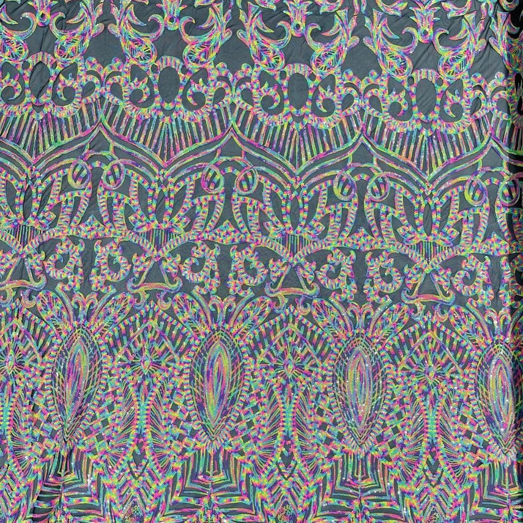 Rainbow Black - Marvelous Mermaid Luxury Shiny Sequin 4-Way Stretch Mesh Fabric – Prom & Evening Dress Material By The Yard.