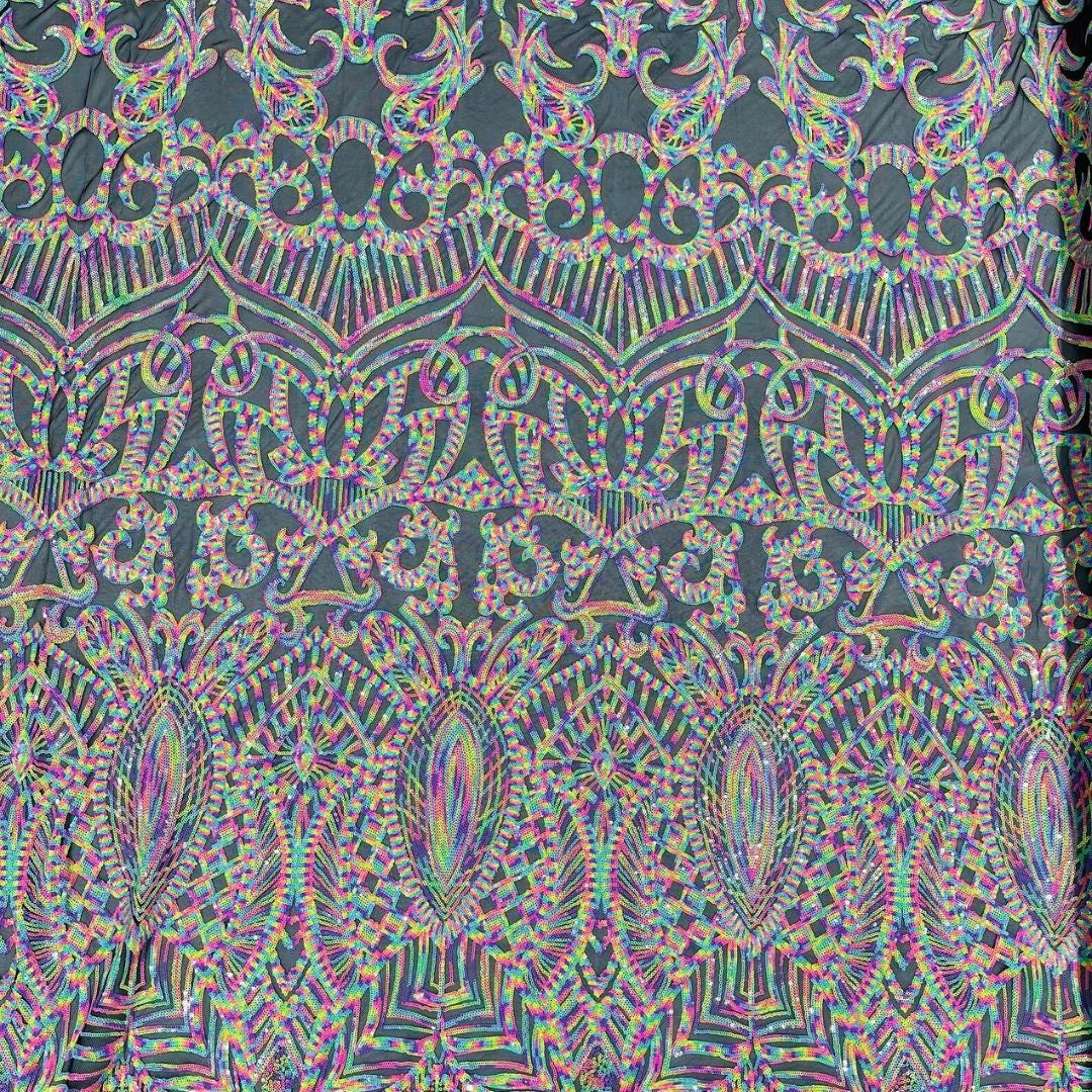 Rainbow Black - Marvelous Mermaid Luxury Shiny Sequin 4-Way Stretch Mesh Fabric – Prom & Evening Dress Material By The Yard.