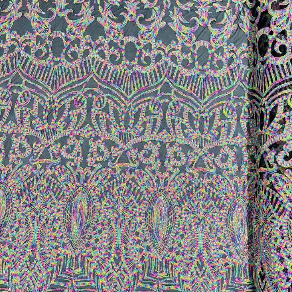 Rainbow Black - Marvelous Mermaid Luxury Shiny Sequin 4-Way Stretch Mesh Fabric – Prom & Evening Dress Material By The Yard.