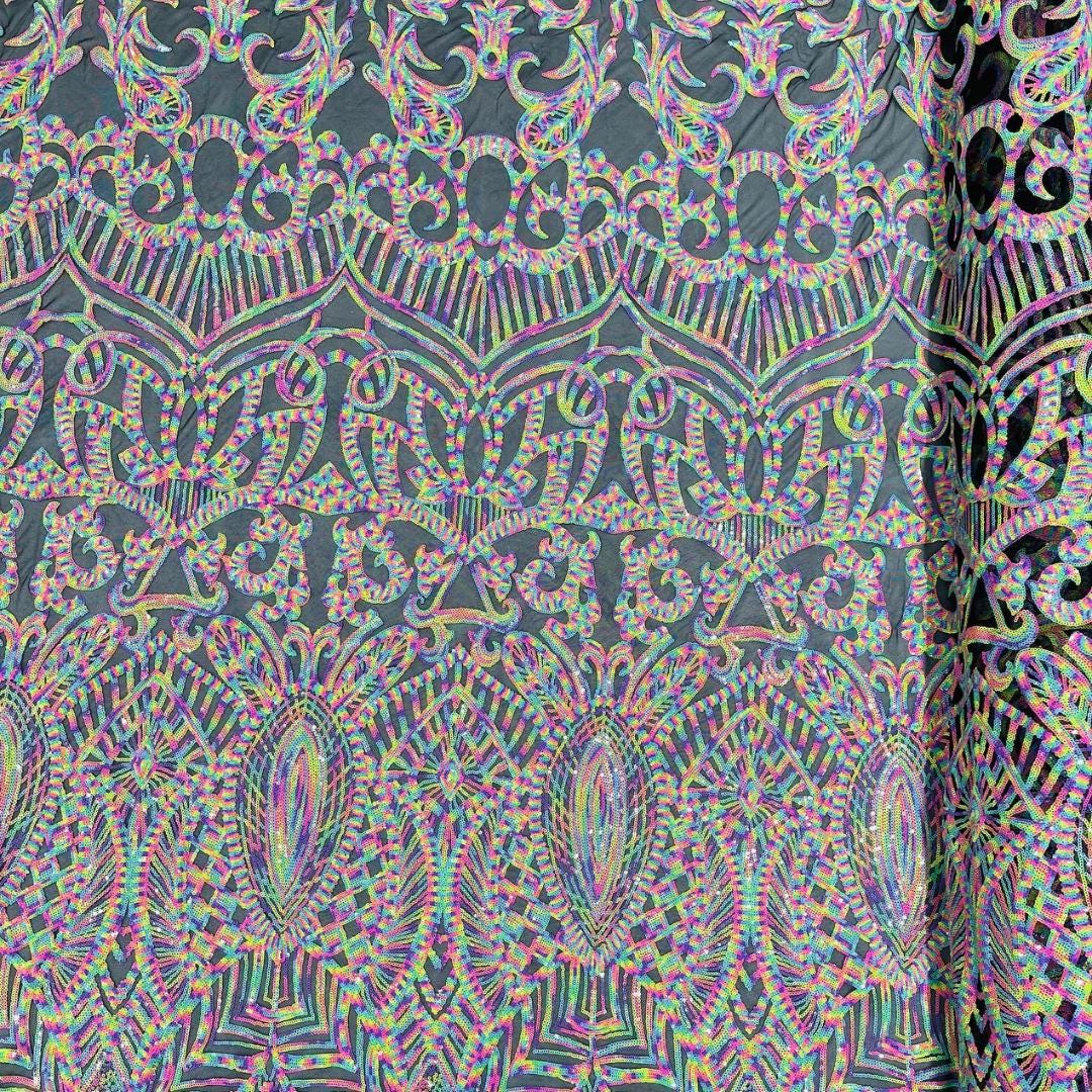 Rainbow Black - Marvelous Mermaid Luxury Shiny Sequin 4-Way Stretch Mesh Fabric – Prom & Evening Dress Material By The Yard.