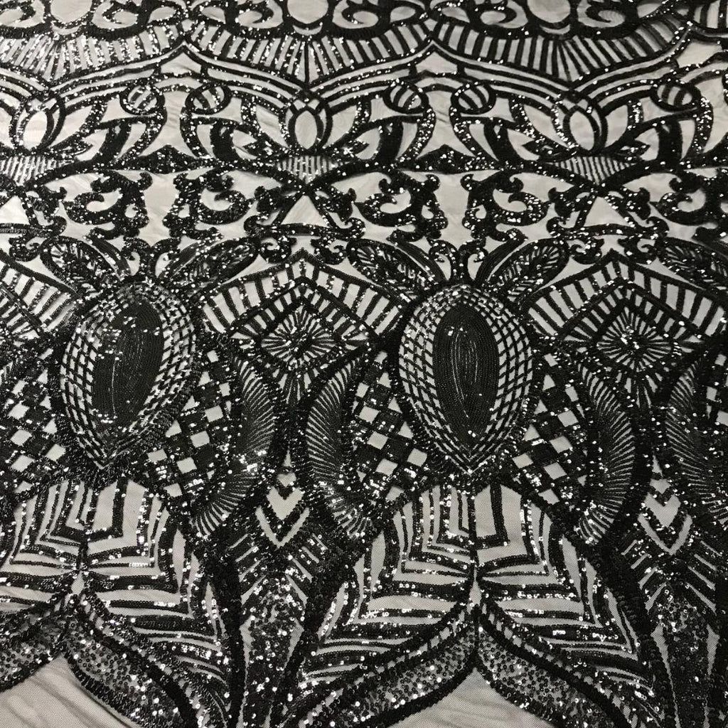 Black - Marvelous Mermaid Luxury Shiny Sequin 4-Way Stretch Mesh Fabric – Prom & Evening Dress Material By The Yard.