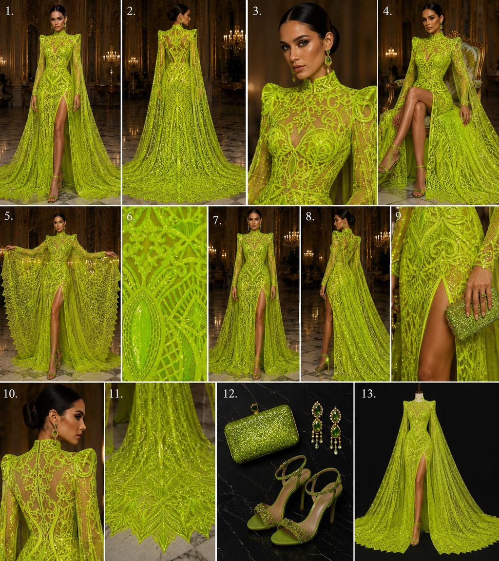 Neon Green - Marvelous Mermaid Luxury Shiny Sequin 4-Way Stretch Mesh Fabric – Prom & Evening Dress Material By The Yard.