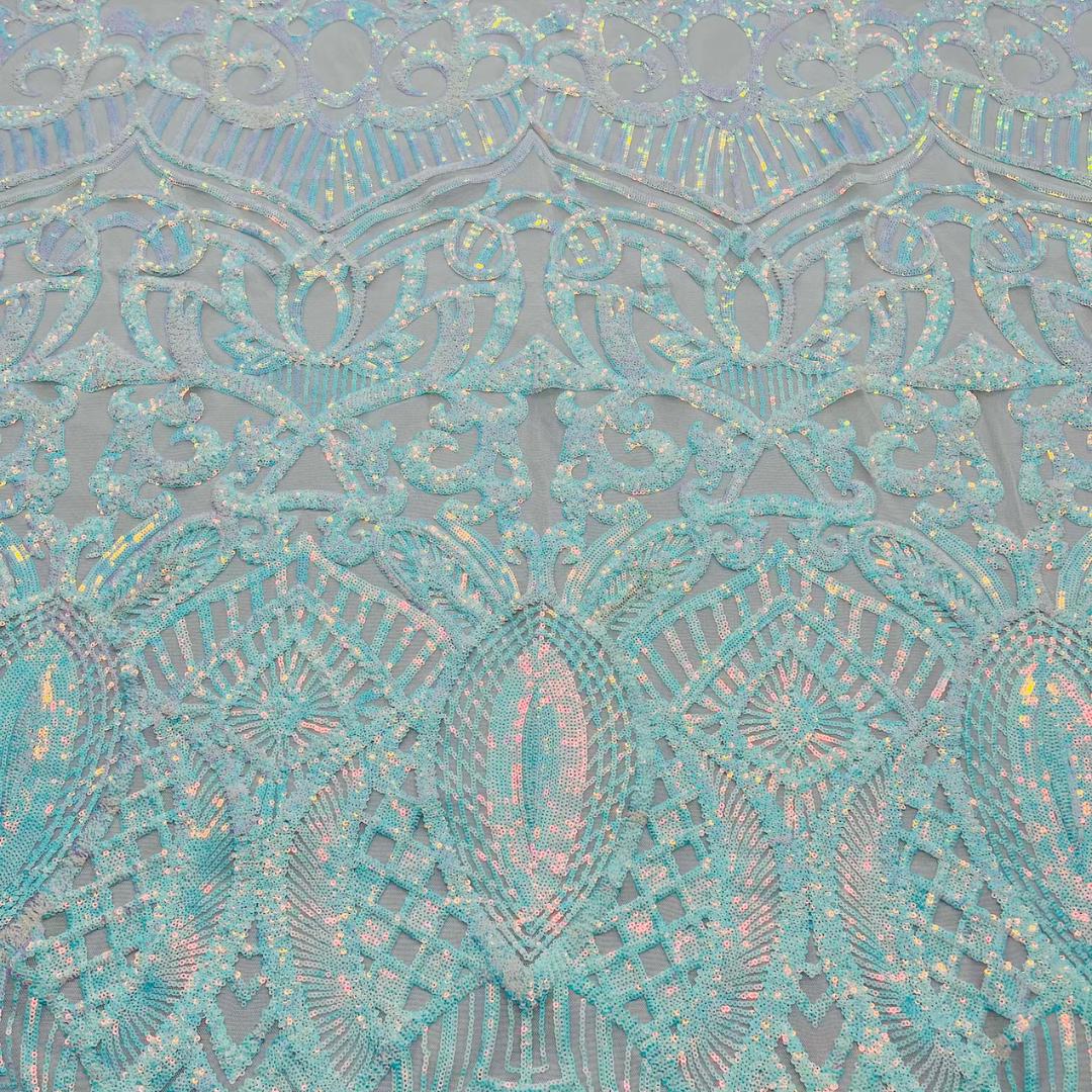 Aqua White - Marvelous Mermaid Luxury Shiny Sequin 4-Way Stretch Mesh Fabric – Prom & Evening Dress Material By The Yard.