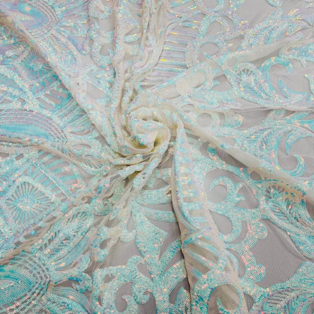 Aqua White - Marvelous Mermaid Luxury Shiny Sequin 4-Way Stretch Mesh Fabric – Prom & Evening Dress Material By The Yard.