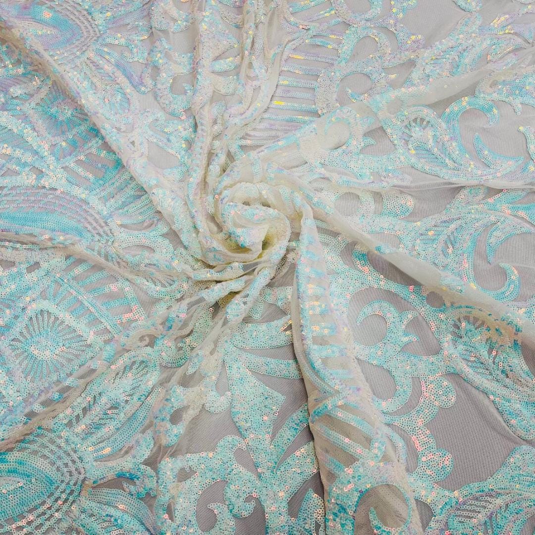 Aqua White - Marvelous Mermaid Luxury Shiny Sequin 4-Way Stretch Mesh Fabric – Prom & Evening Dress Material By The Yard.
