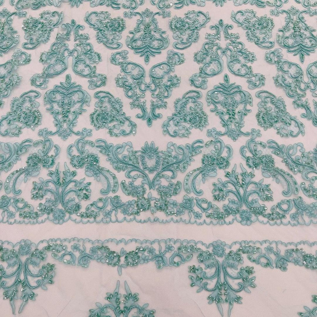 My Lady Luxury Lace - Aqua - Hand Beaded Design with Embroidered Sequins and Beads On a Mesh Lace Fabric. Sold By The Yard
