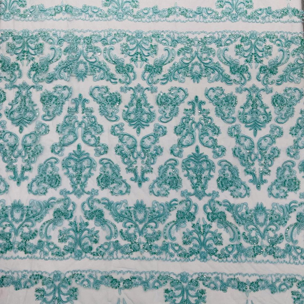 My Lady Luxury Lace - Aqua - Hand Beaded Design with Embroidered Sequins and Beads On a Mesh Lace Fabric. Sold By The Yard