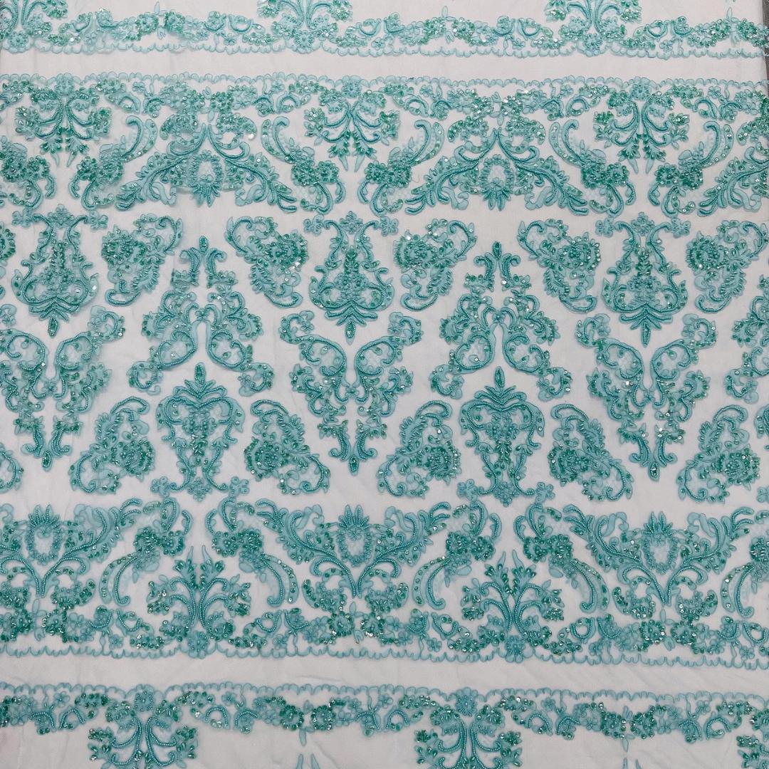 My Lady Luxury Lace - Aqua - Hand Beaded Design with Embroidered Sequins and Beads On a Mesh Lace Fabric. Sold By The Yard
