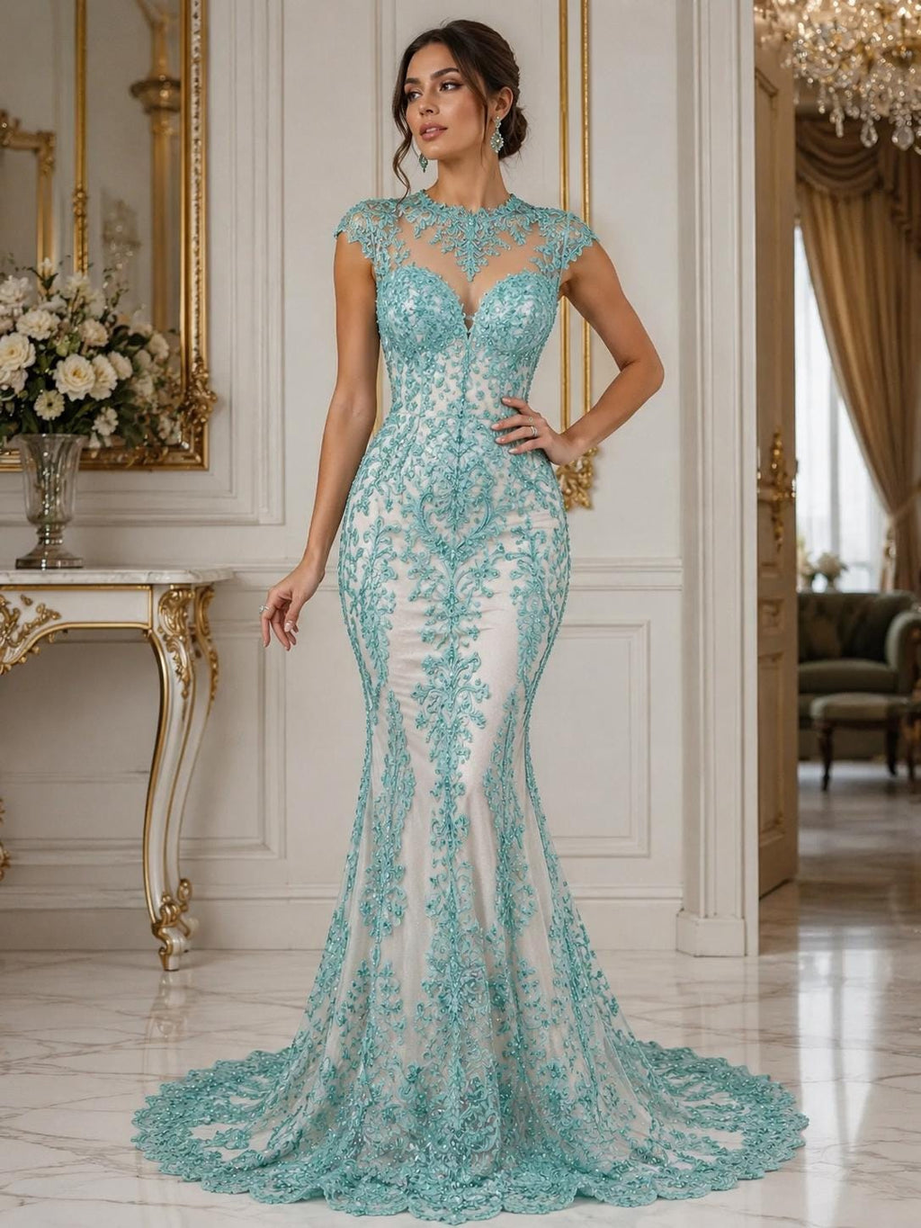 My Lady Luxury Lace - Aqua - Hand Beaded Design with Embroidered Sequins and Beads On a Mesh Lace Fabric. Sold By The Yard