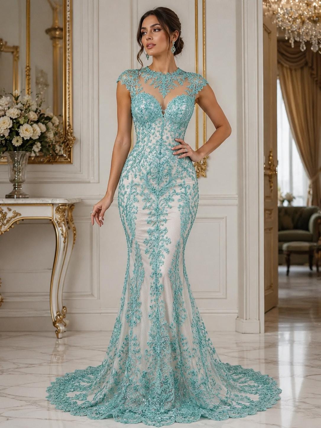 My Lady Luxury Lace - Aqua - Hand Beaded Design with Embroidered Sequins and Beads On a Mesh Lace Fabric. Sold By The Yard