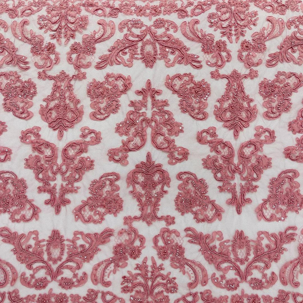 My Lady Luxury Lace - Dusty Rose - Hand Beaded Design with Embroidered Sequins and Beads On a Mesh Lace Fabric. Sold By The Yard