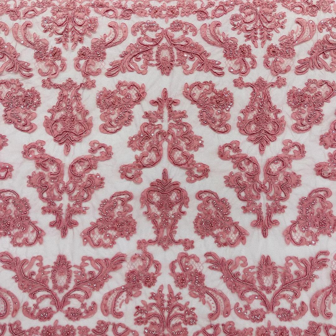 My Lady Luxury Lace - Dusty Rose - Hand Beaded Design with Embroidered Sequins and Beads On a Mesh Lace Fabric. Sold By The Yard