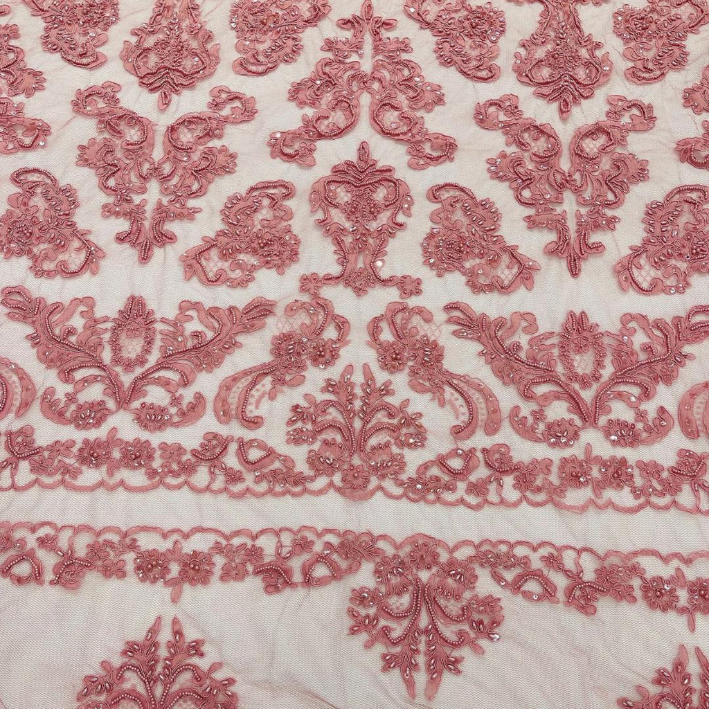 My Lady Luxury Lace - Dusty Rose - Hand Beaded Design with Embroidered Sequins and Beads On a Mesh Lace Fabric. Sold By The Yard