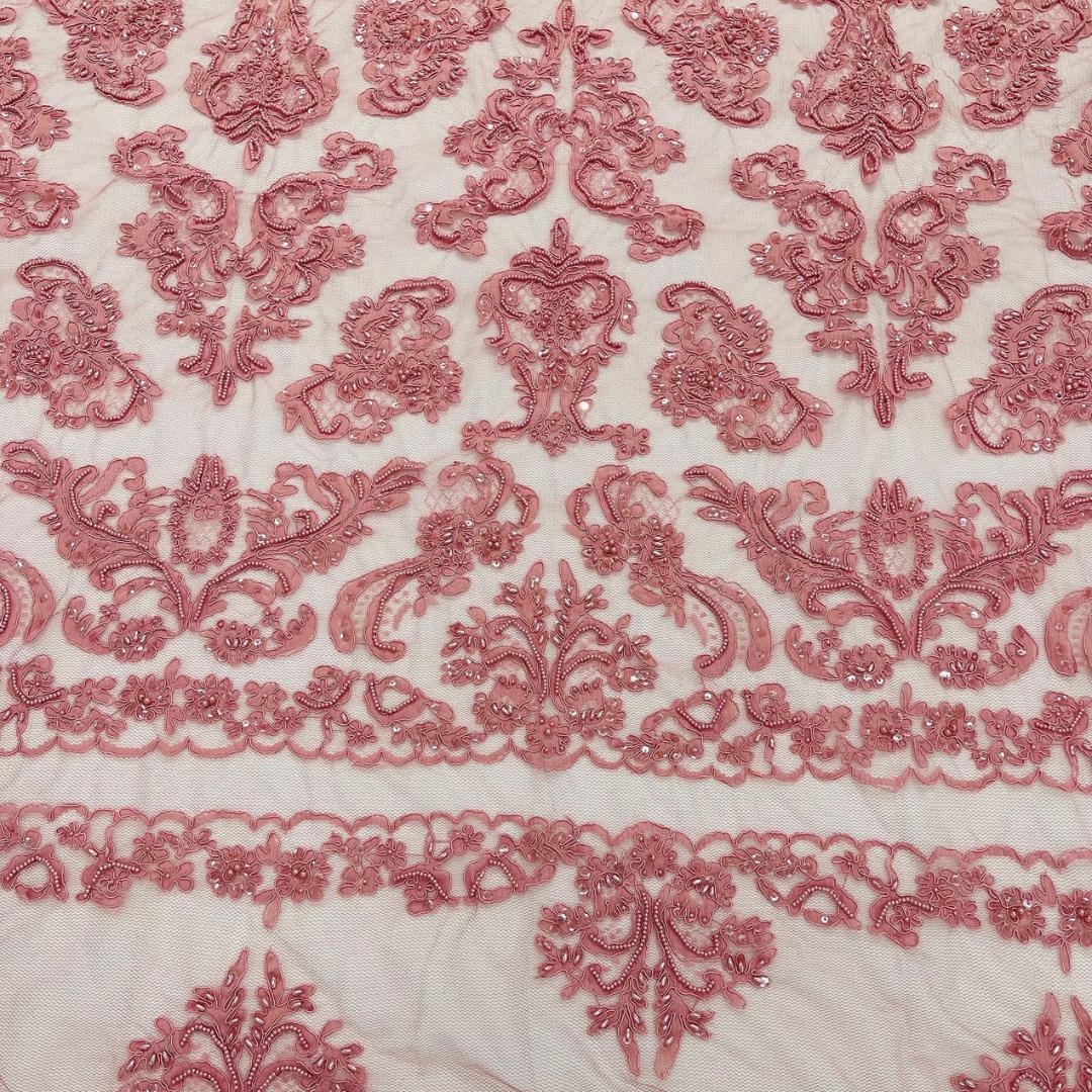 My Lady Luxury Lace - Dusty Rose - Hand Beaded Design with Embroidered Sequins and Beads On a Mesh Lace Fabric. Sold By The Yard