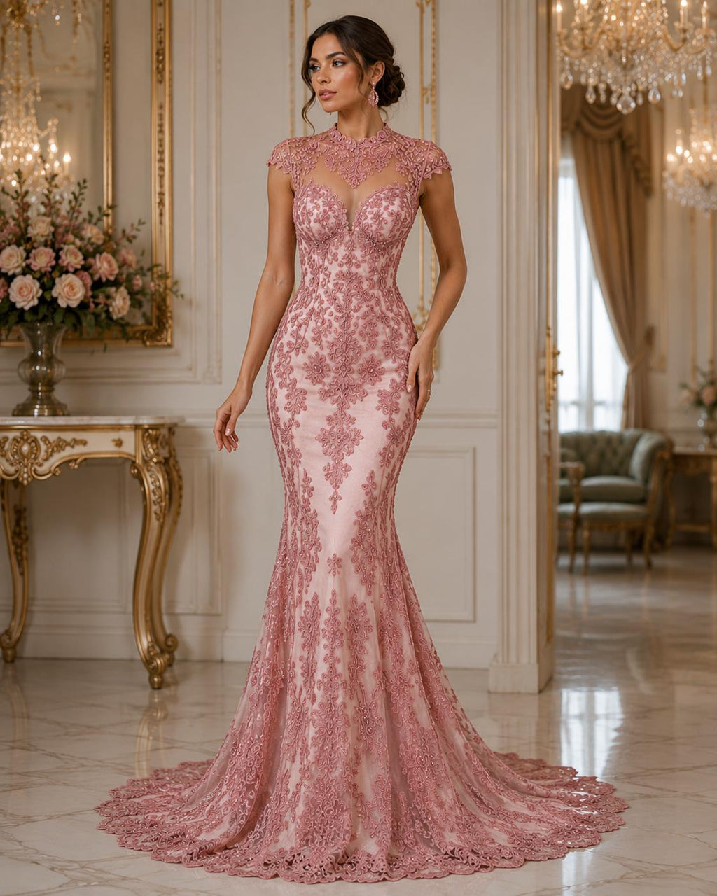 My Lady Luxury Lace - Dusty Rose - Hand Beaded Design with Embroidered Sequins and Beads On a Mesh Lace Fabric. Sold By The Yard