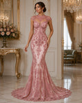 My Lady Luxury Lace - Dusty Rose - Hand Beaded Design with Embroidered Sequins and Beads On a Mesh Lace Fabric. Sold By The Yard