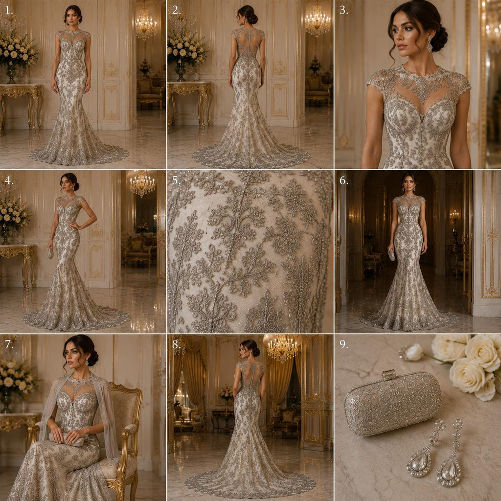 My Lady Luxury Lace - Silver - Hand Beaded Design with Embroidered Sequins and Beads On a Mesh Lace Fabric. Sold By The Yard