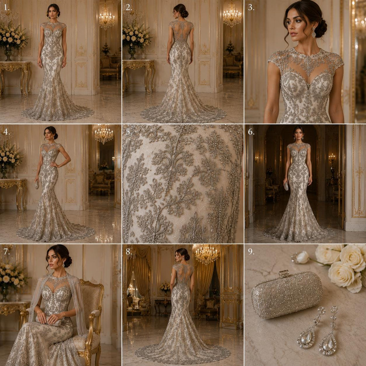 My Lady Luxury Lace - Silver - Hand Beaded Design with Embroidered Sequins and Beads On a Mesh Lace Fabric. Sold By The Yard