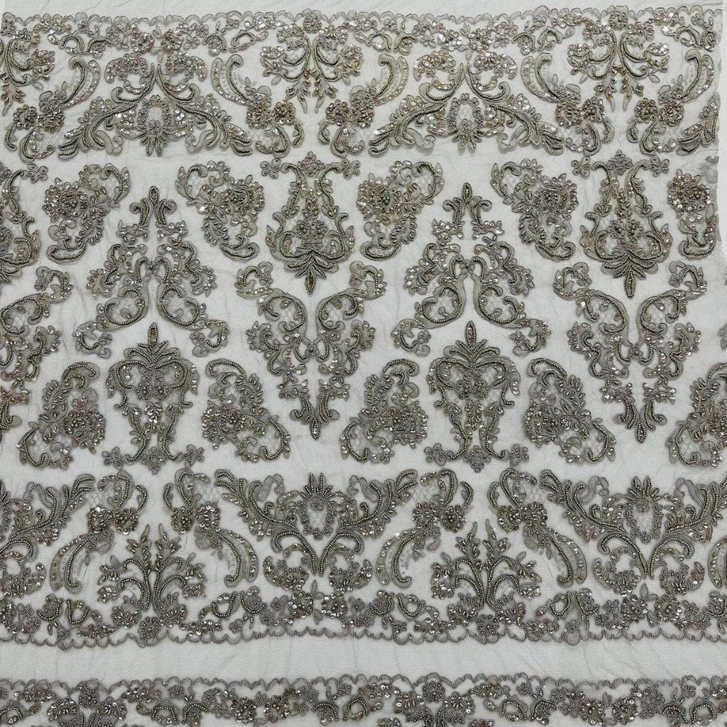 My Lady Luxury Lace - Silver - Hand Beaded Design with Embroidered Sequins and Beads On a Mesh Lace Fabric. Sold By The Yard