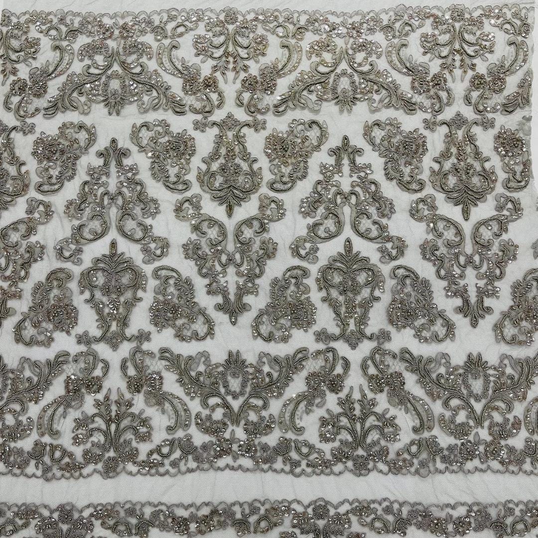 My Lady Luxury Lace - Silver - Hand Beaded Design with Embroidered Sequins and Beads On a Mesh Lace Fabric. Sold By The Yard