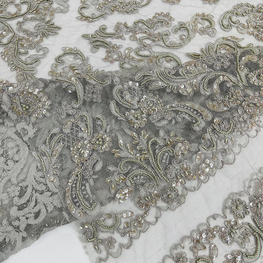 My Lady Luxury Lace - Silver - Hand Beaded Design with Embroidered Sequins and Beads On a Mesh Lace Fabric. Sold By The Yard