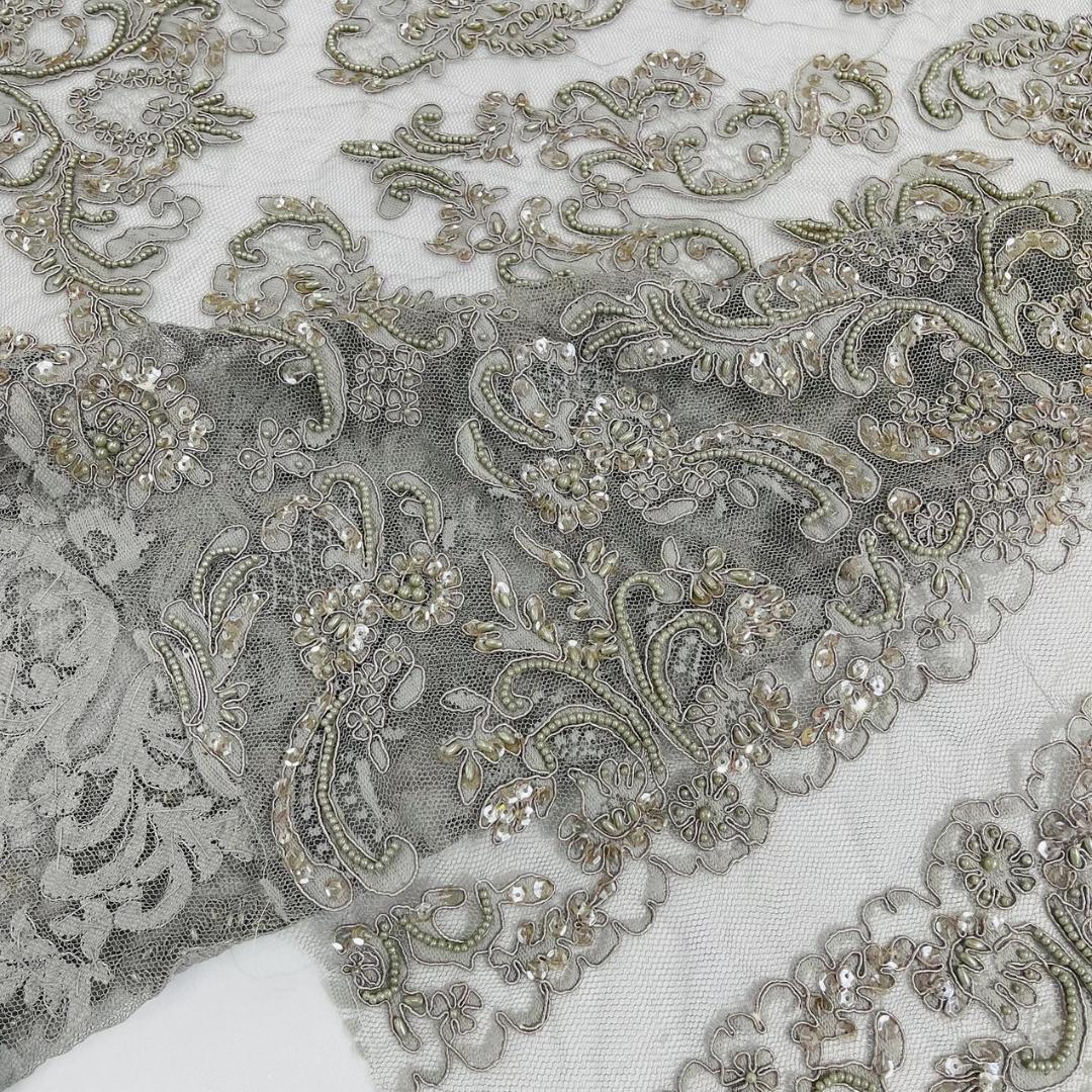 My Lady Luxury Lace - Silver - Hand Beaded Design with Embroidered Sequins and Beads On a Mesh Lace Fabric. Sold By The Yard