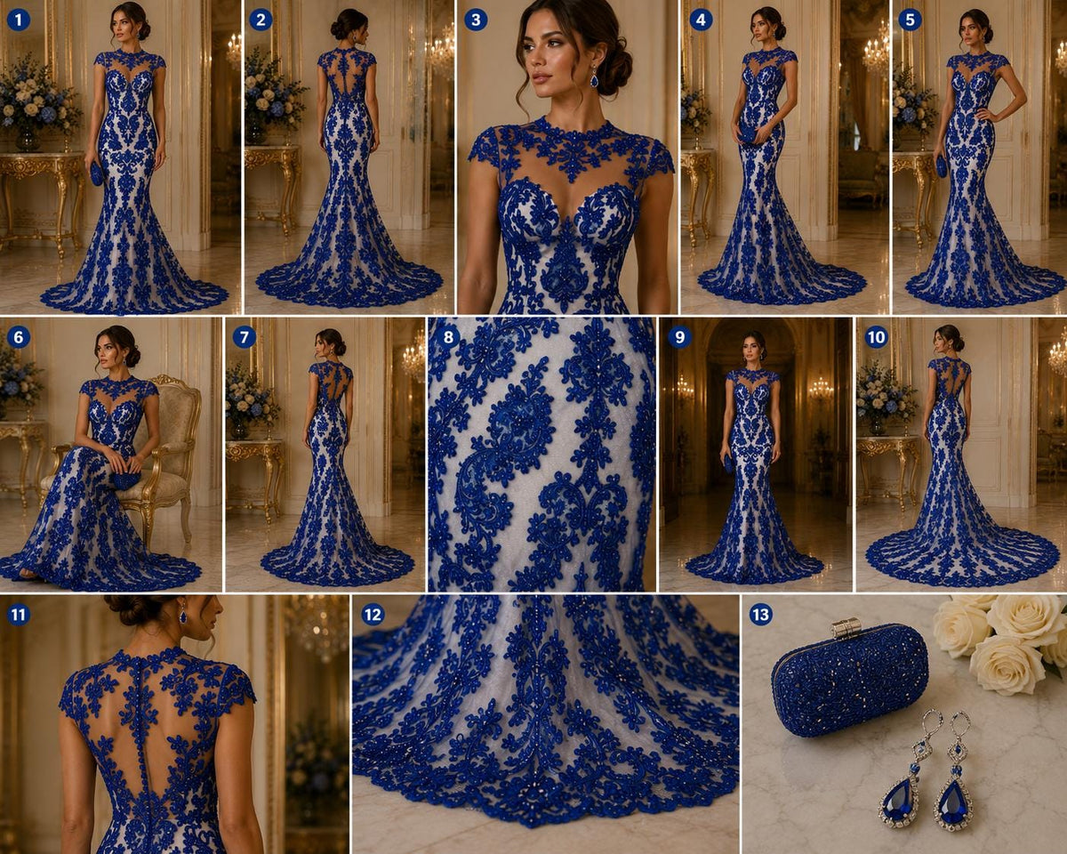My Lady Luxury Lace - Royal Blue - Hand Beaded Design with Embroidered Sequins and Beads On a Mesh Lace Fabric. Sold By The Yard