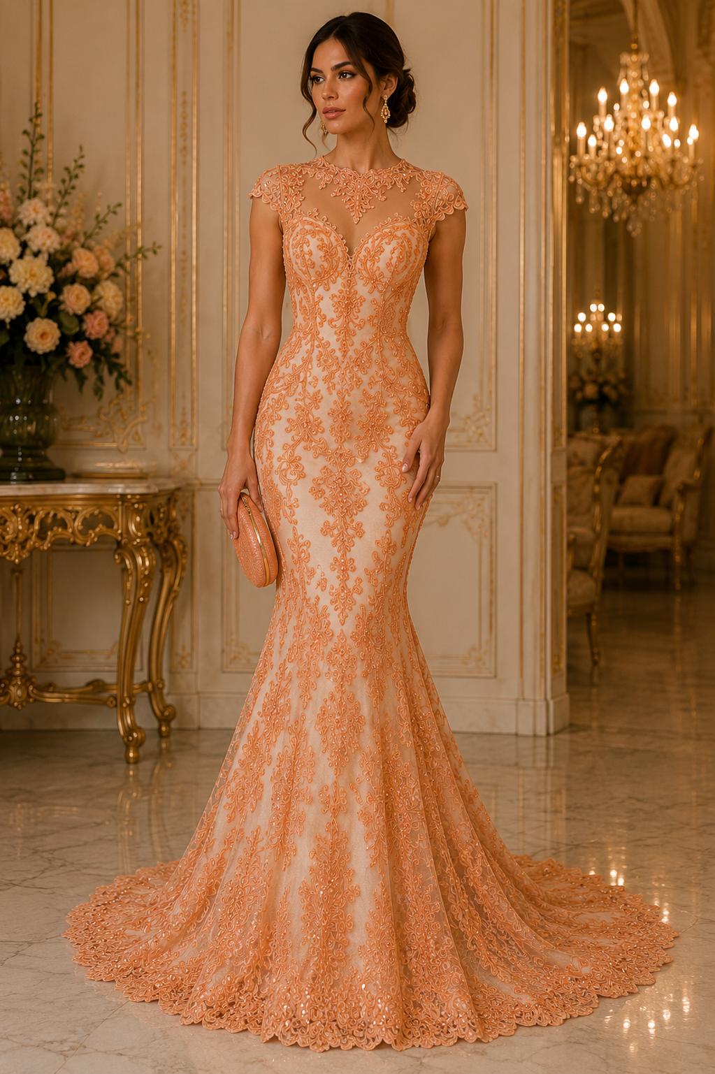 My Lady Luxury Lace - Peach - Hand Beaded Design with Embroidered Sequins and Beads On a Mesh Lace Fabric. Sold By The Yard