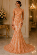 My Lady Luxury Lace - Peach - Hand Beaded Design with Embroidered Sequins and Beads On a Mesh Lace Fabric. Sold By The Yard