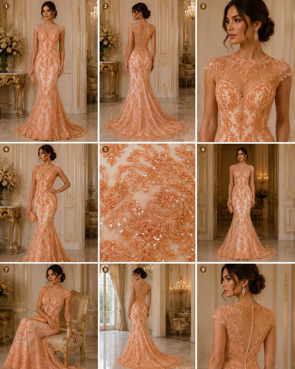 My Lady Luxury Lace - Peach - Hand Beaded Design with Embroidered Sequins and Beads On a Mesh Lace Fabric. Sold By The Yard