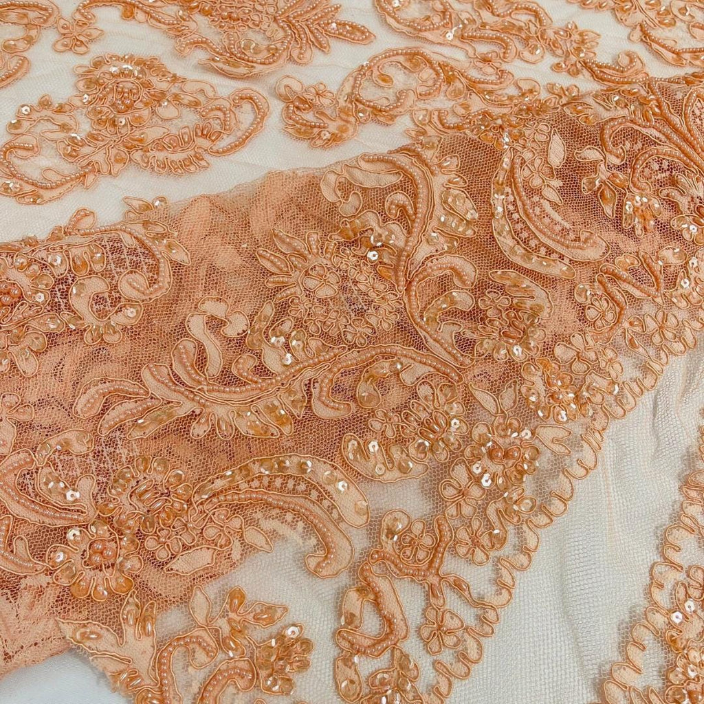 My Lady Luxury Lace - Peach - Hand Beaded Design with Embroidered Sequins and Beads On a Mesh Lace Fabric. Sold By The Yard