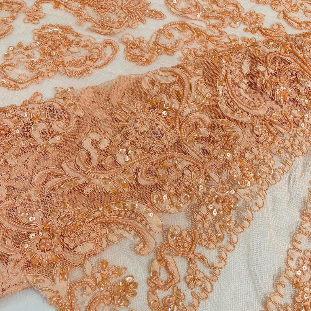 My Lady Luxury Lace - Peach - Hand Beaded Design with Embroidered Sequins and Beads On a Mesh Lace Fabric. Sold By The Yard