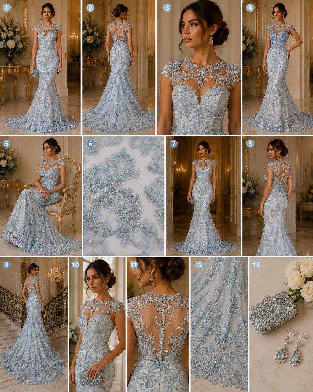 My Lady Luxury Lace - Baby Blue - Hand Beaded Design with Embroidered Sequins and Beads On a Mesh Lace Fabric. Sold By The Yard
