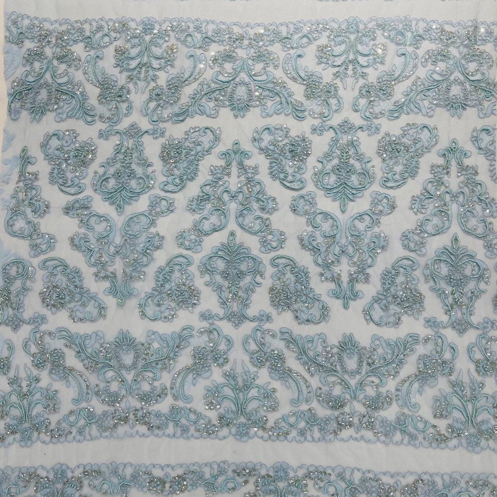 My Lady Luxury Lace - Baby Blue - Hand Beaded Design with Embroidered Sequins and Beads On a Mesh Lace Fabric. Sold By The Yard