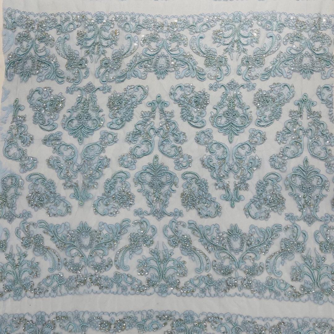 My Lady Luxury Lace - Baby Blue - Hand Beaded Design with Embroidered Sequins and Beads On a Mesh Lace Fabric. Sold By The Yard