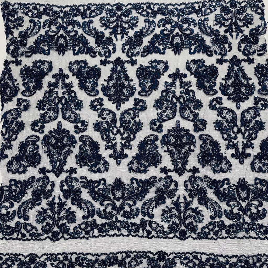 My Lady Luxury Lace - Navy Blue - Hand Beaded Design with Embroidered Sequins and Beads On a Mesh Lace Fabric. Sold By The Yard
