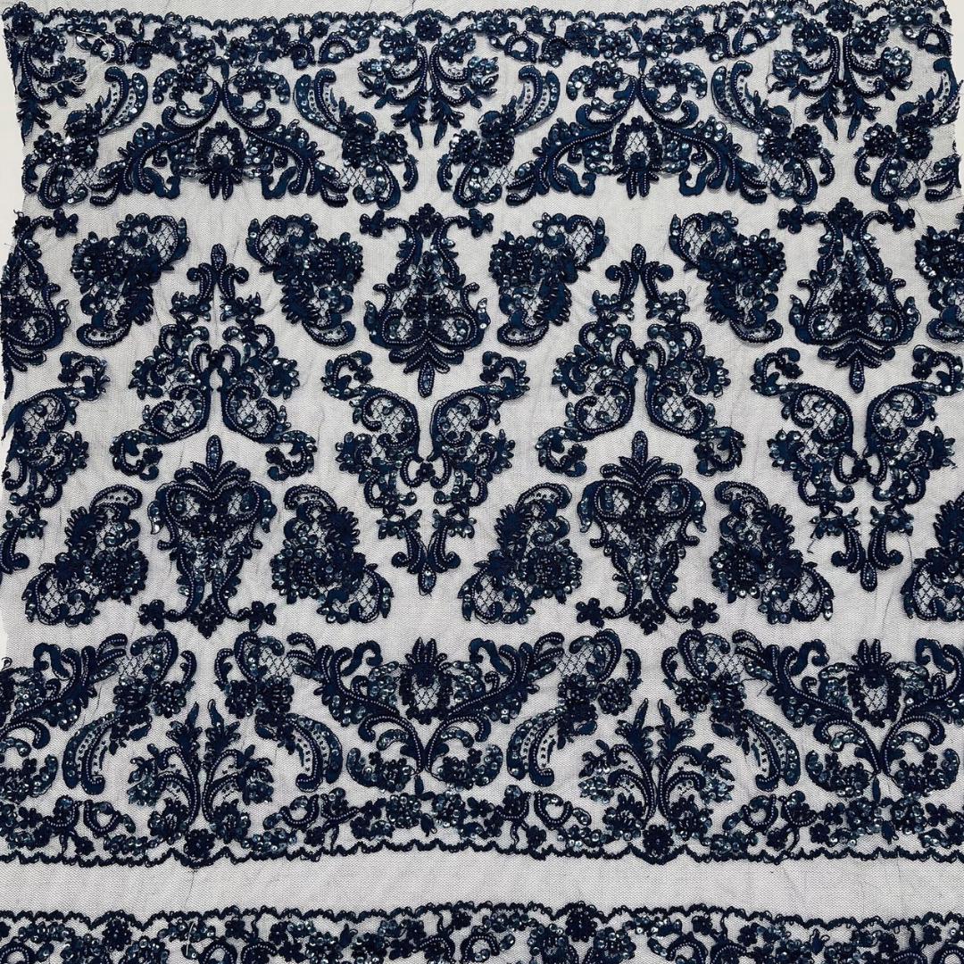 My Lady Luxury Lace - Navy Blue - Hand Beaded Design with Embroidered Sequins and Beads On a Mesh Lace Fabric. Sold By The Yard