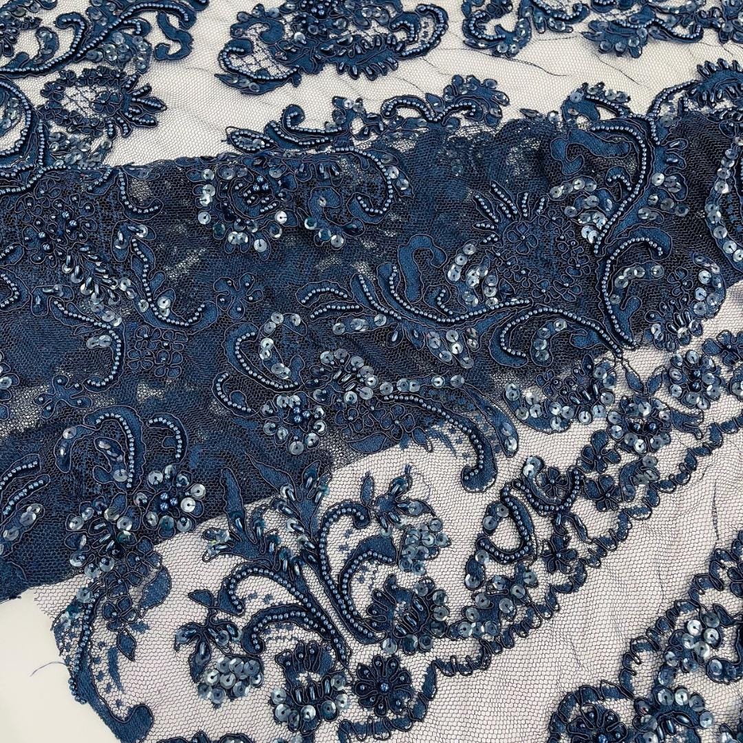 My Lady Luxury Lace - Navy Blue - Hand Beaded Design with Embroidered Sequins and Beads On a Mesh Lace Fabric. Sold By The Yard