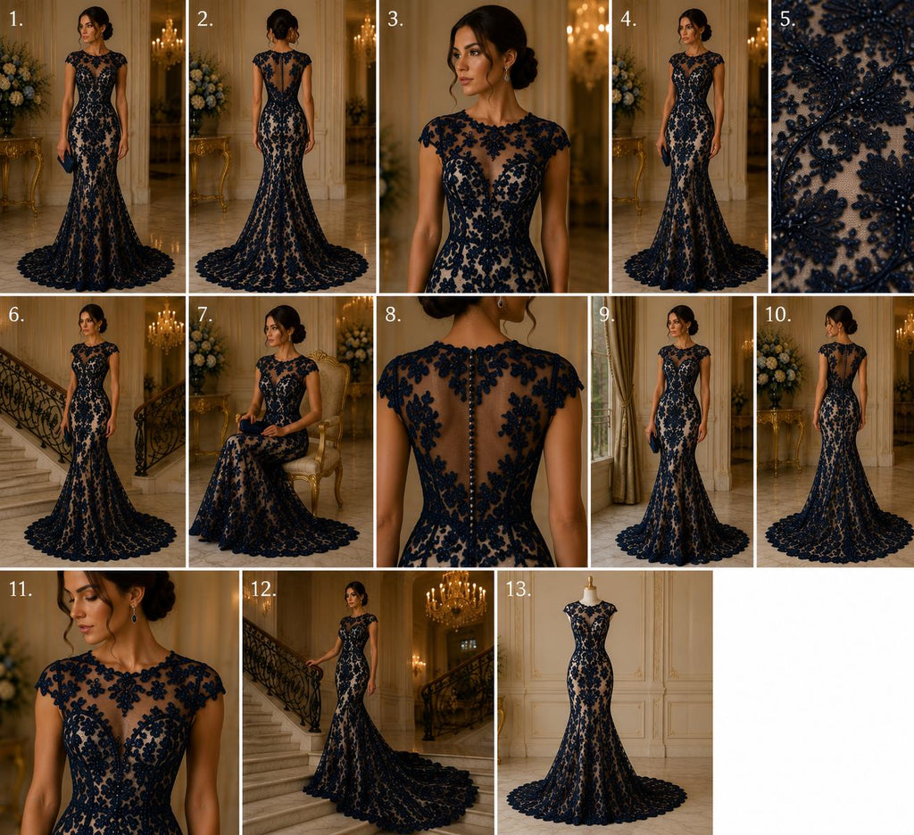 My Lady Luxury Lace - Navy Blue - Hand Beaded Design with Embroidered Sequins and Beads On a Mesh Lace Fabric. Sold By The Yard