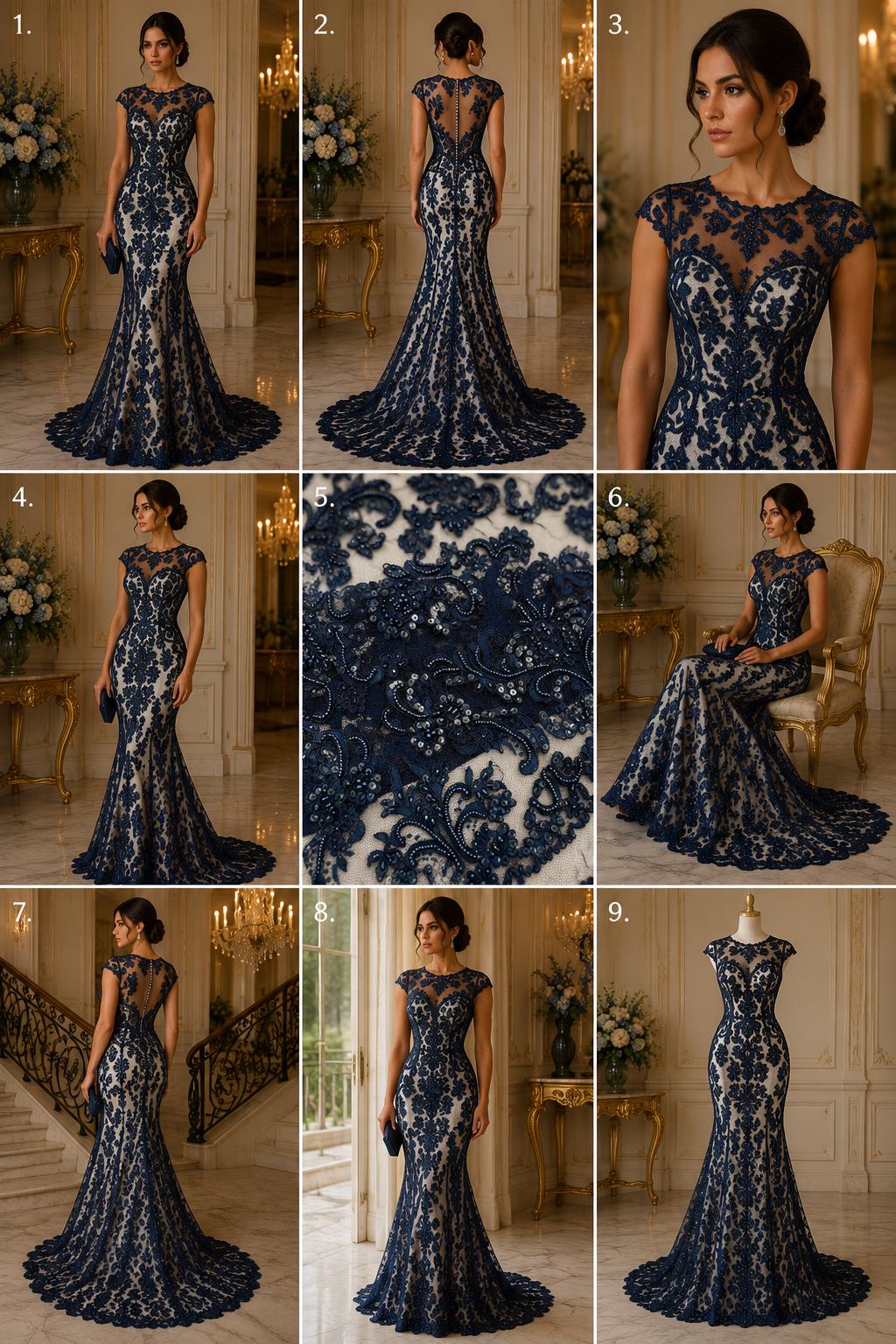 My Lady Luxury Lace - Navy Blue - Hand Beaded Design with Embroidered Sequins and Beads On a Mesh Lace Fabric. Sold By The Yard