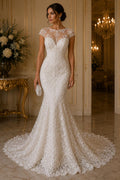 My Lady Luxury Lace - White - Hand Beaded Design with Embroidered Sequins and Beads On a Mesh Lace Fabric. Sold By The Yard