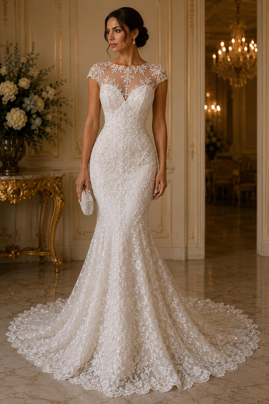 My Lady Luxury Lace - White - Hand Beaded Design with Embroidered Sequins and Beads On a Mesh Lace Fabric. Sold By The Yard