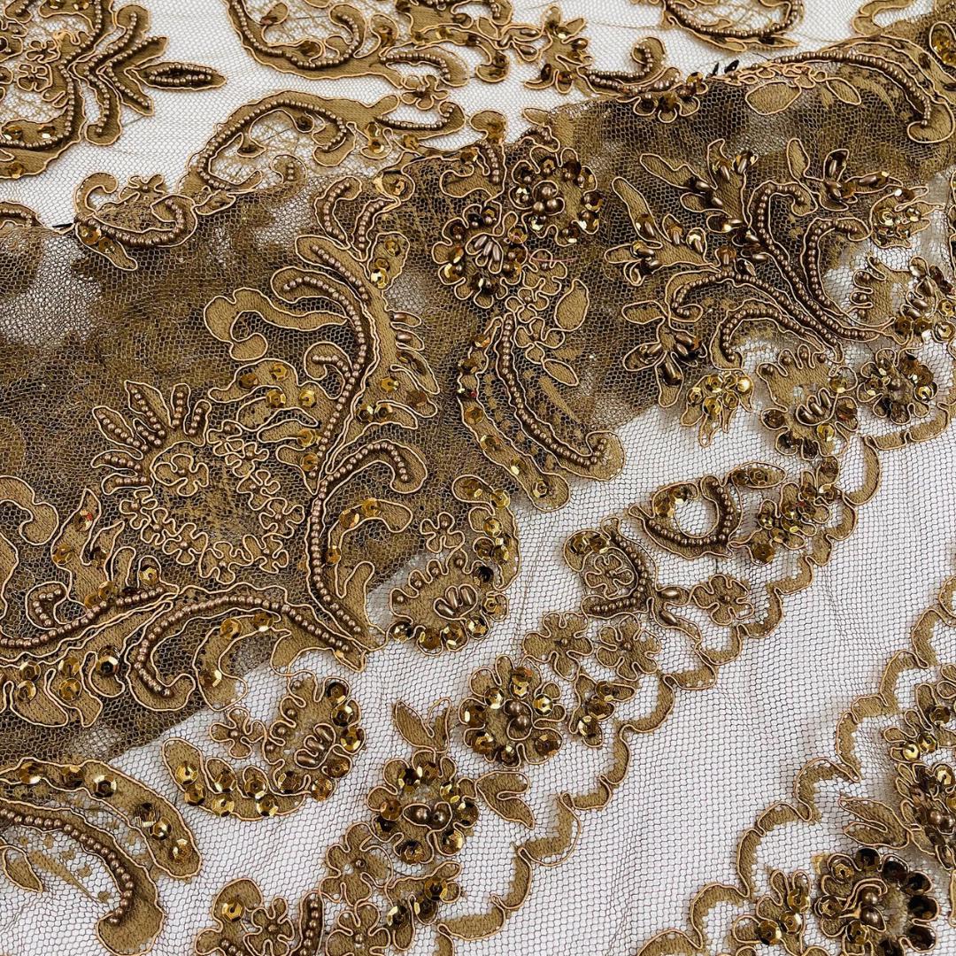 My Lady Luxury Lace - Brown - Hand Beaded Design with Embroidered Sequins and Beads On a Mesh Lace Fabric. Sold By The Yard