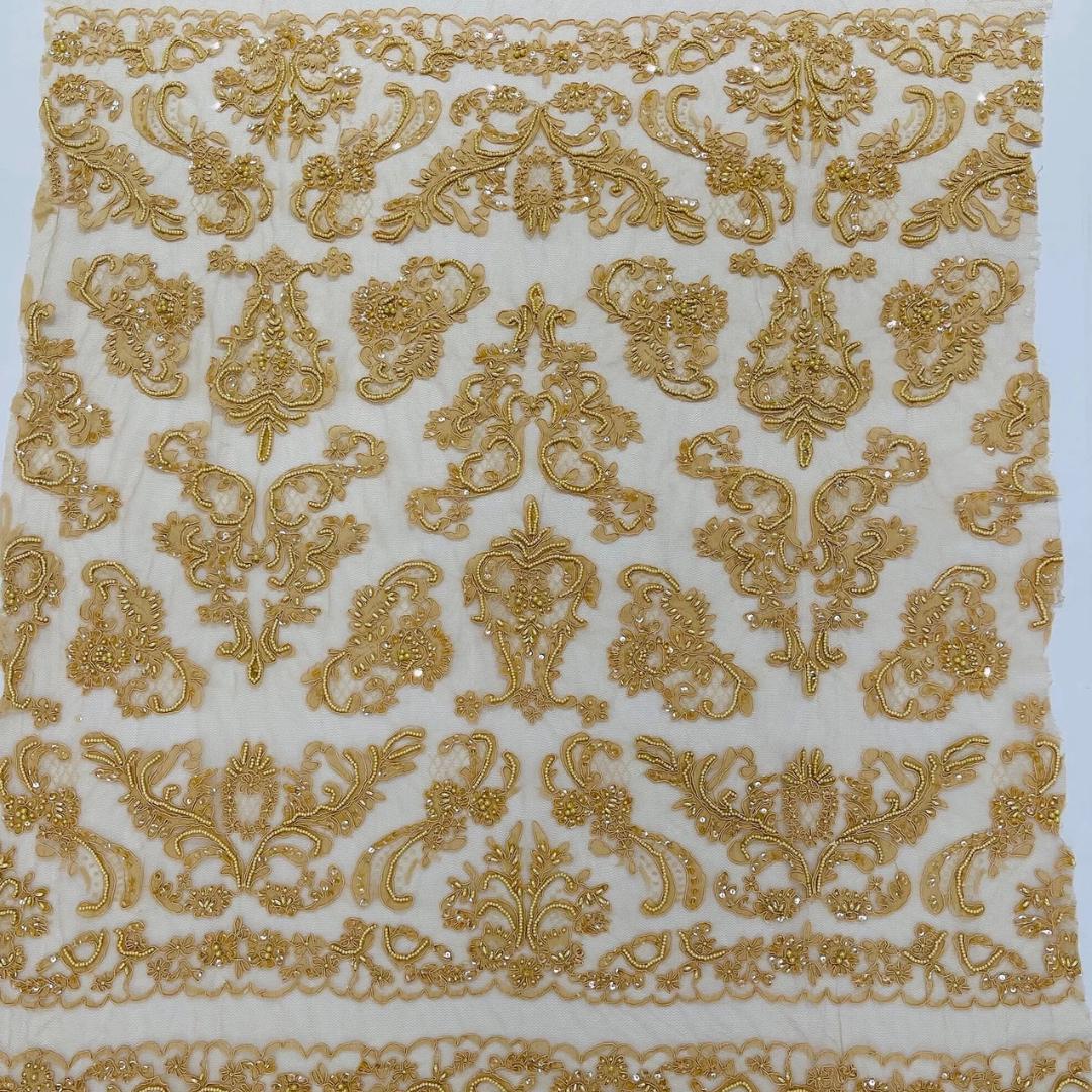 My Lady Luxury Lace - Khaki - Hand Beaded Design with Embroidered Sequins and Beads On a Mesh Lace Fabric. Sold By The Yard
